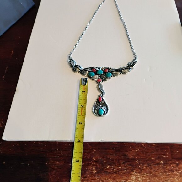 Southwest Native Style Sterling Silver Coral & Turquoise Feather Design Necklace - Picture 5 of 7